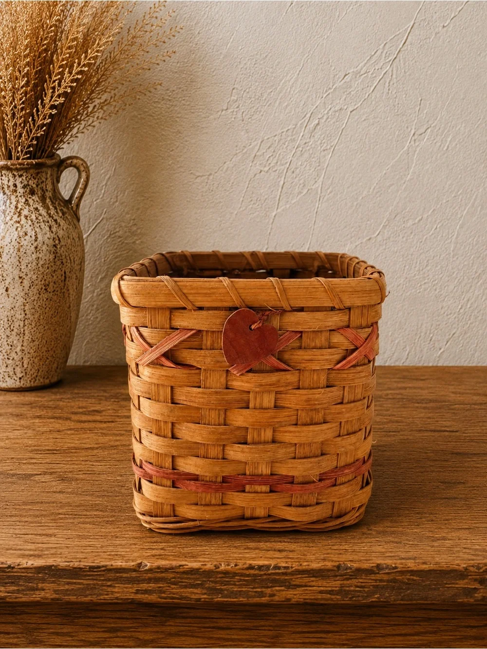 Vintage Woven Square Basket with Wooden Heart